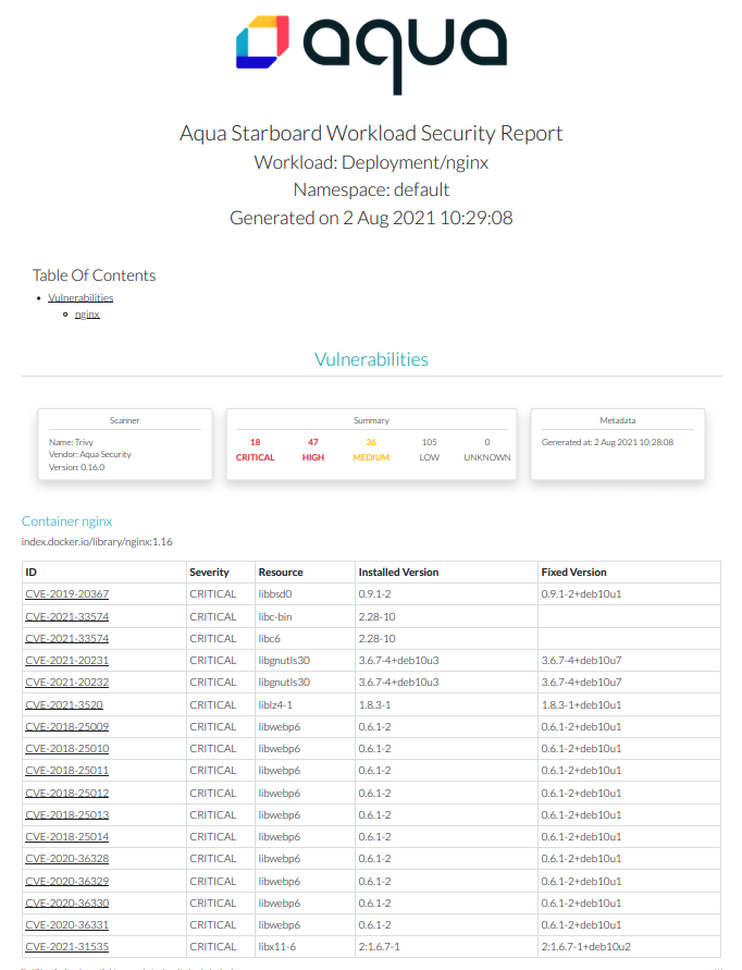 Aqua Starboard Workload Security HTML Report