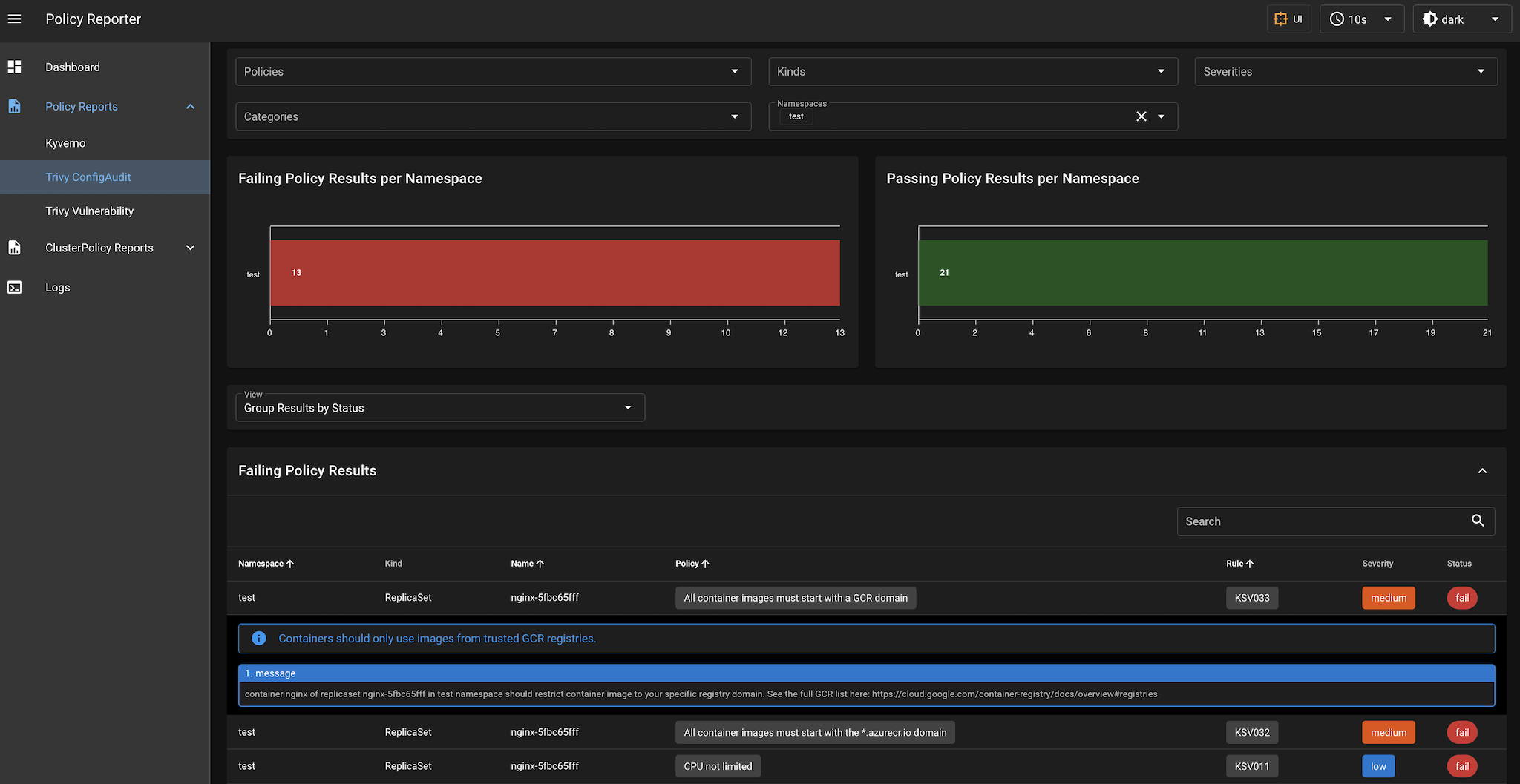 Policy Reporter UI - PolicyReport ConfigAuditReports Screenshot