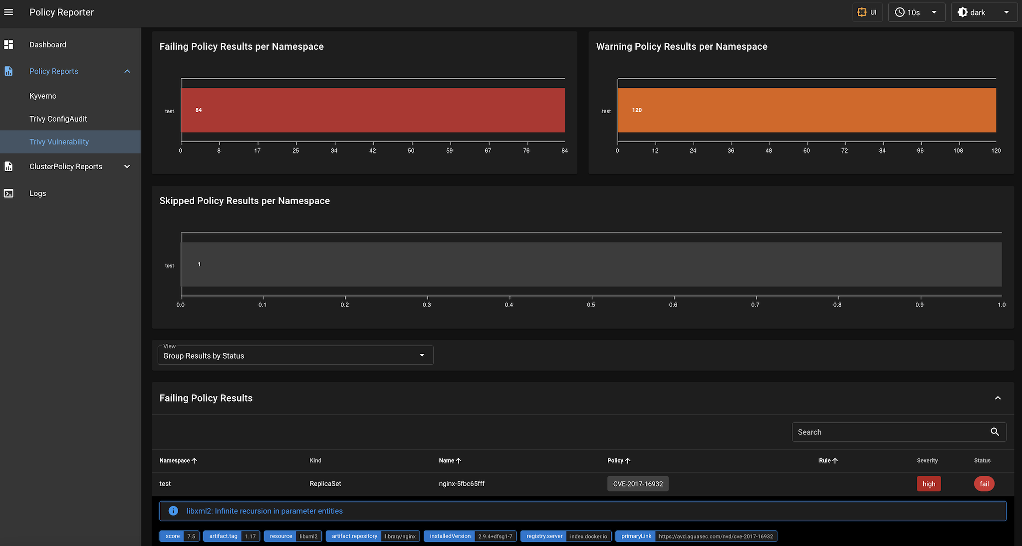 Policy Reporter UI - PolicyReport VulnerabilityReports Screenshot